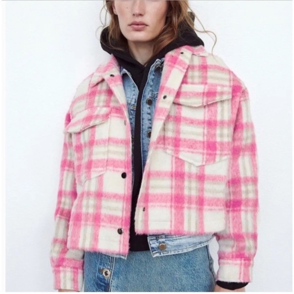 Zara Wool Blend Plaid Cropped Overshit Jacket